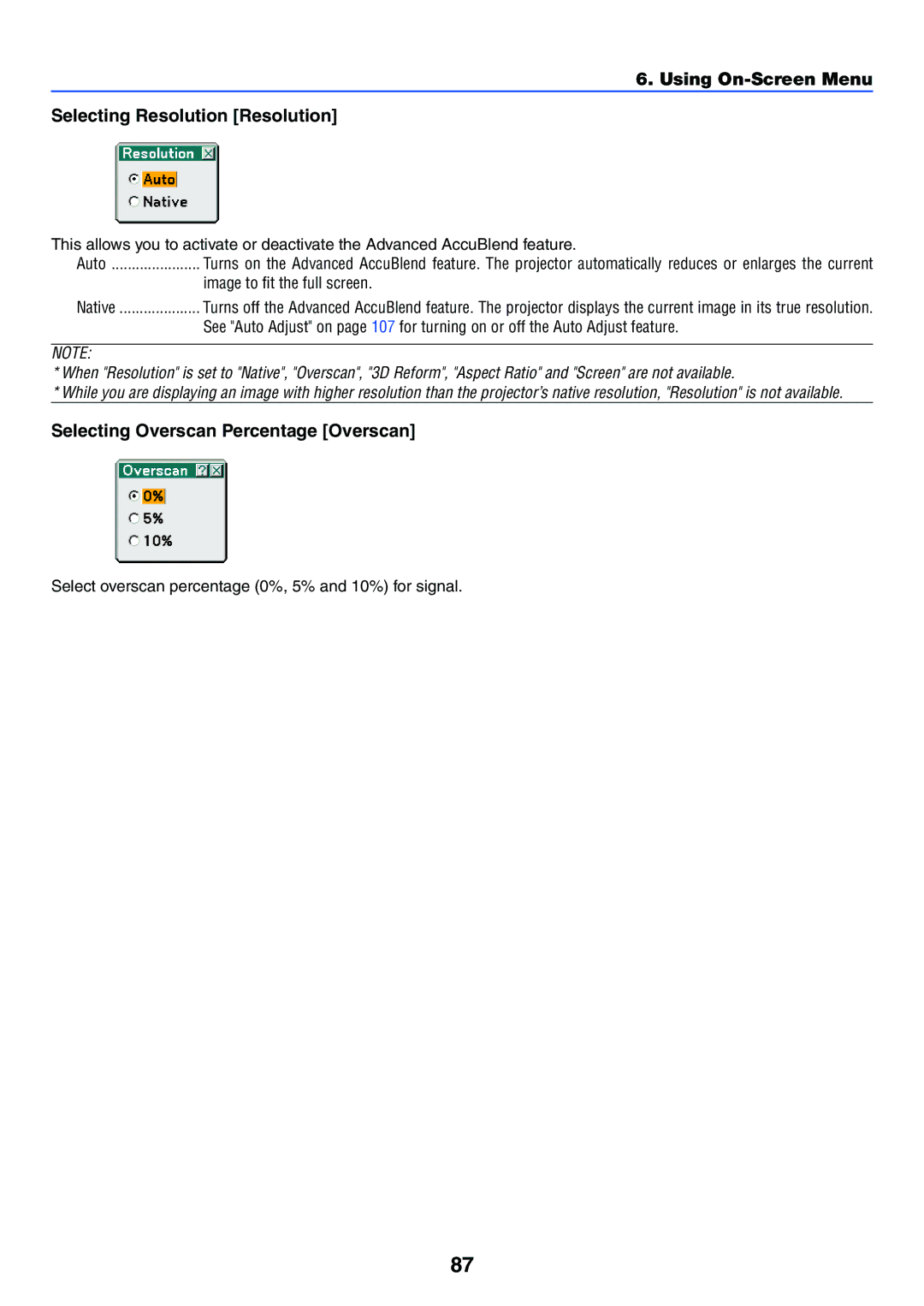 NEC LT265, LT245 manual Using On-Screen Menu Selecting Resolution Resolution, Selecting Overscan Percentage Overscan, Native 