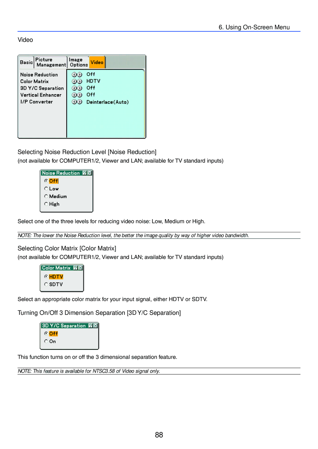 NEC LT245, LT265 manual Selecting Color Matrix Color Matrix, Turning On/Off 3 Dimension Separation 3D Y/C Separation 