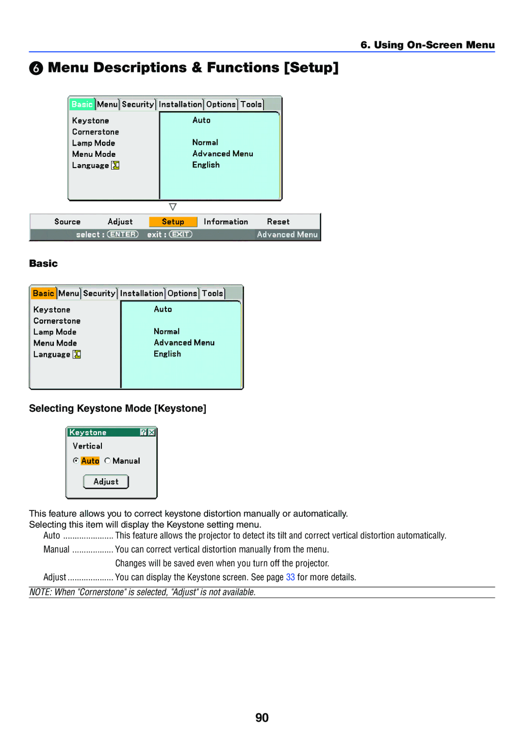 NEC LT245, LT265 manual Menu Descriptions & Functions Setup, Basic Selecting Keystone Mode Keystone, Manual 