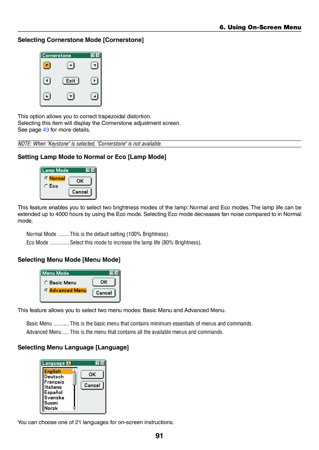 NEC LT265, LT245 Using On-Screen Menu Selecting Cornerstone Mode Cornerstone, Setting Lamp Mode to Normal or Eco Lamp Mode 