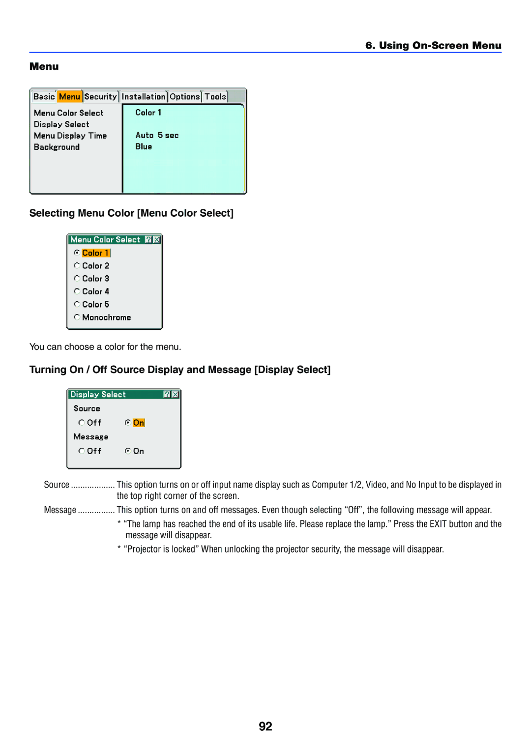 NEC LT245, LT265 manual Using On-Screen Menu Selecting Menu Color Menu Color Select, You can choose a color for the menu 