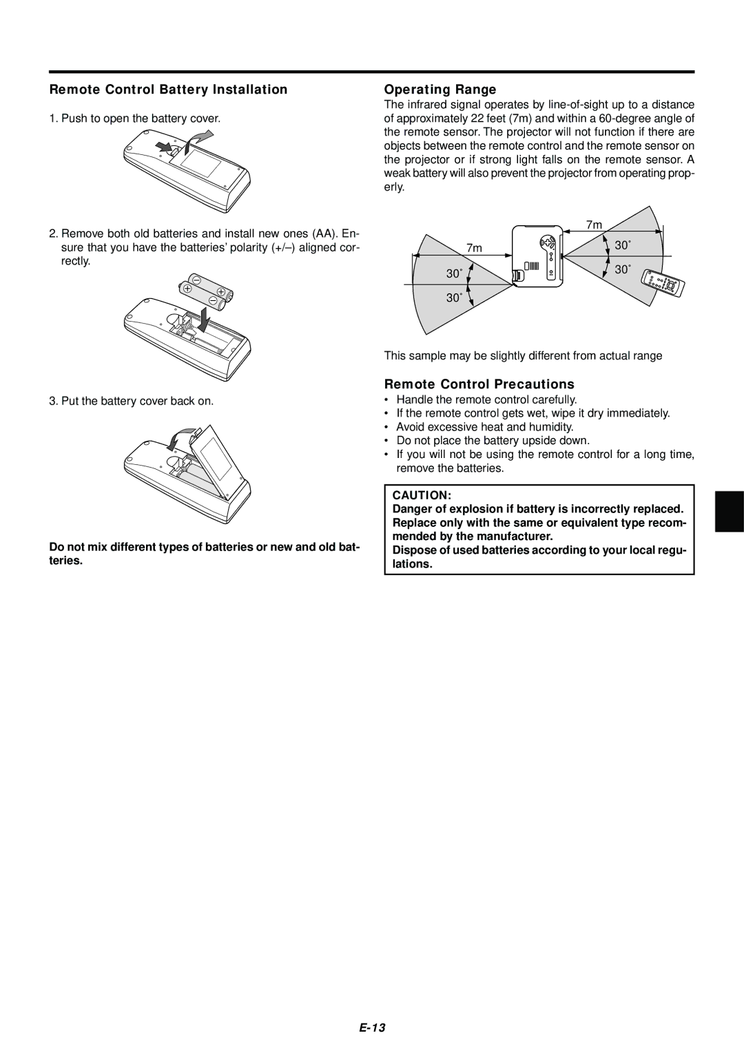 NEC LT75Z user manual Remote Control Battery Installation, Operating Range, Remote Control Precautions 