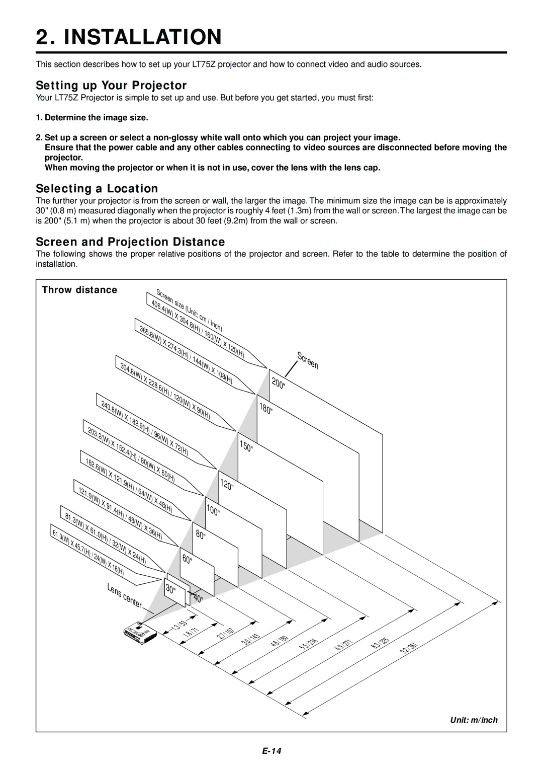 NEC LT75Z Installation, Setting up Your Projector, Selecting a Location, Screen and Projection Distance, Throw distance 