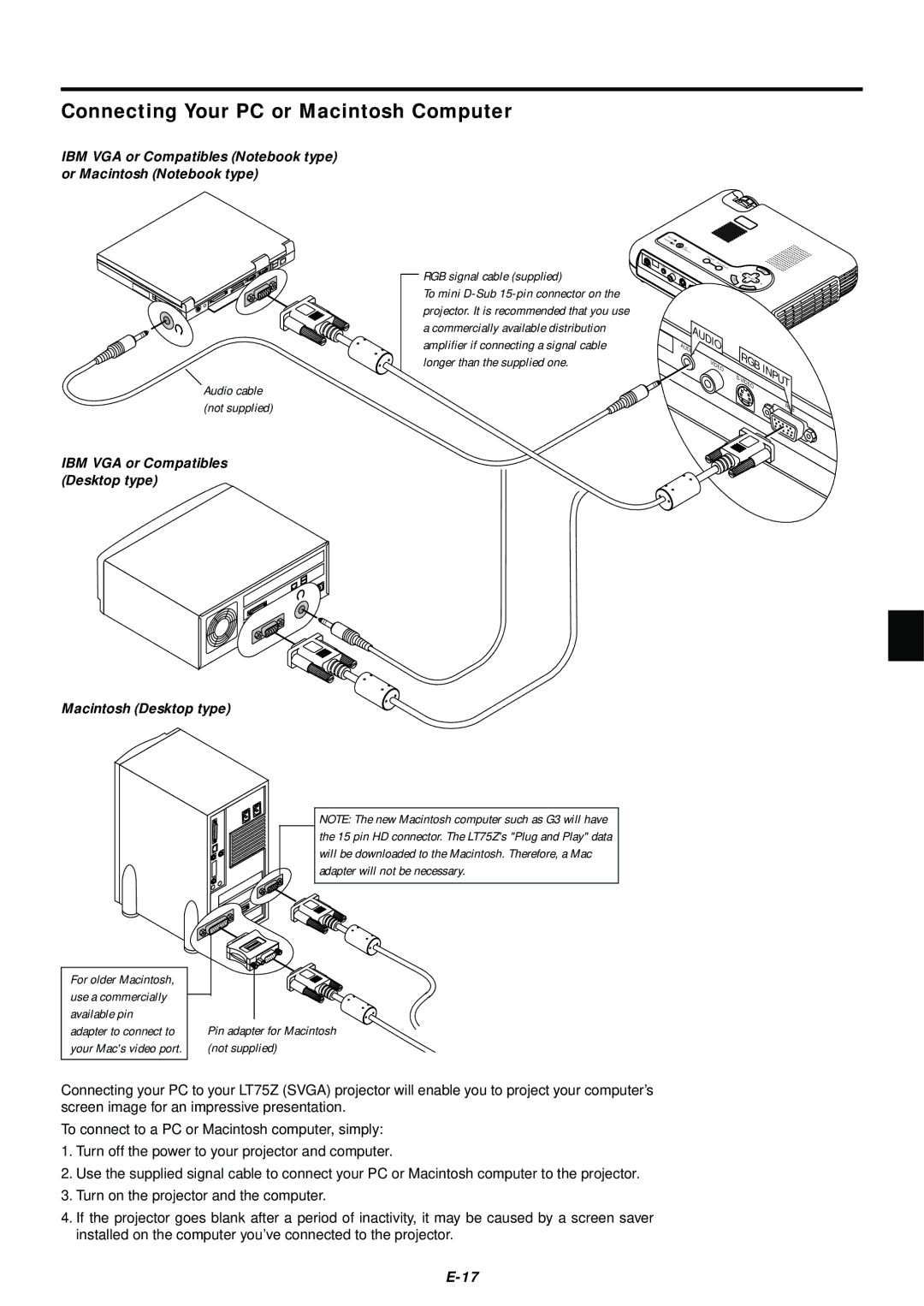 NEC LT75Z user manual Connecting Your PC or Macintosh Computer, Macintosh Desktop type 