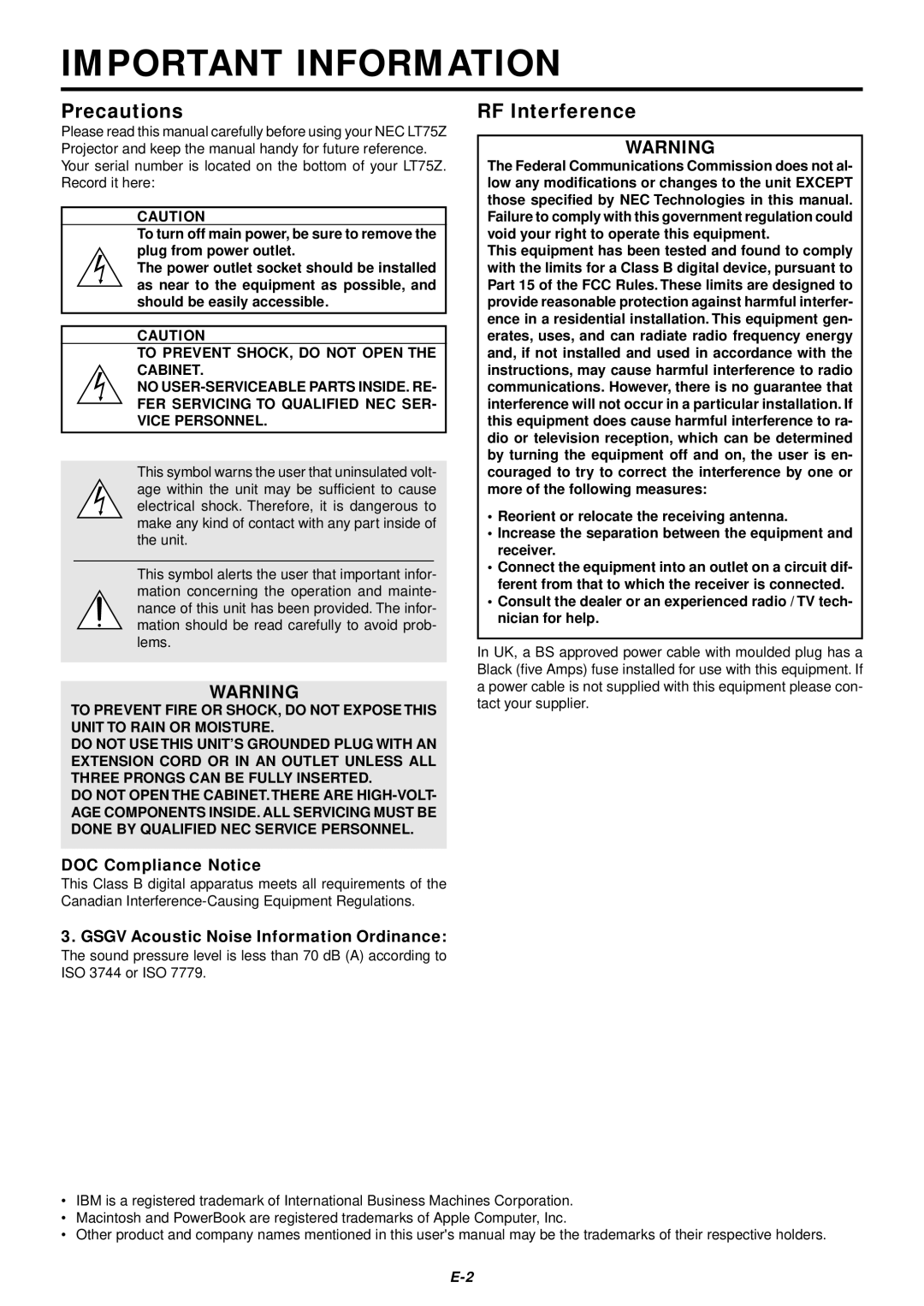 NEC LT75Z user manual Important Information, Precautions, RF Interference, DOC Compliance Notice 