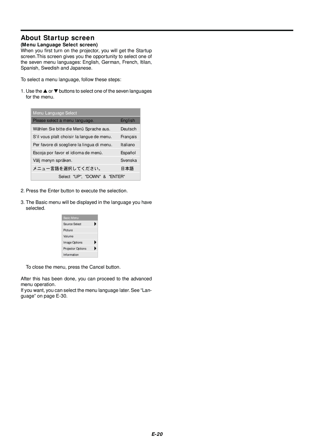 NEC LT75Z user manual About Startup screen, Menu Language Select screen 