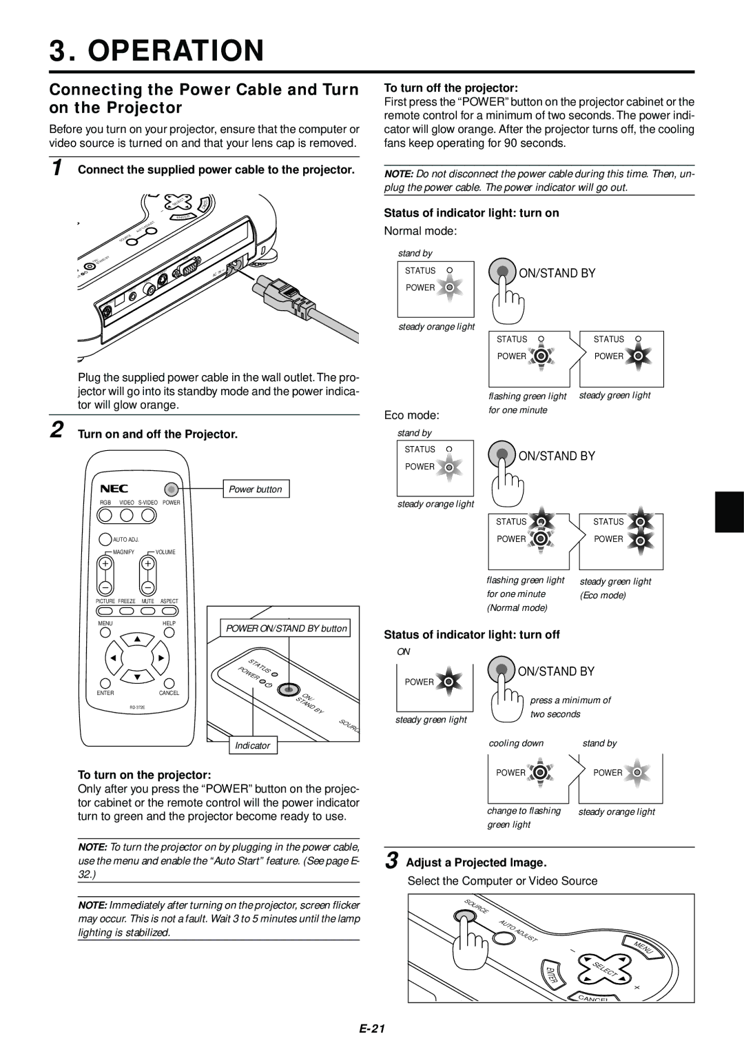 NEC LT75Z user manual Operation, Connecting the Power Cable and Turn on the Projector 