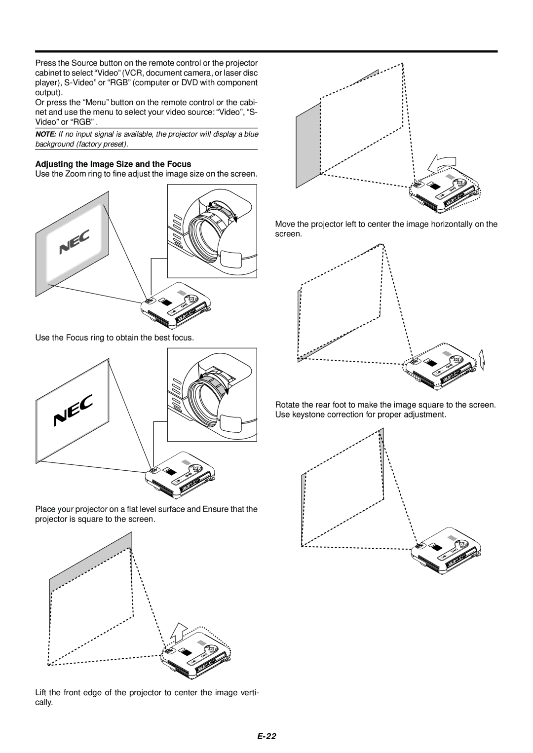 NEC LT75Z user manual Adjusting the Image Size and the Focus 