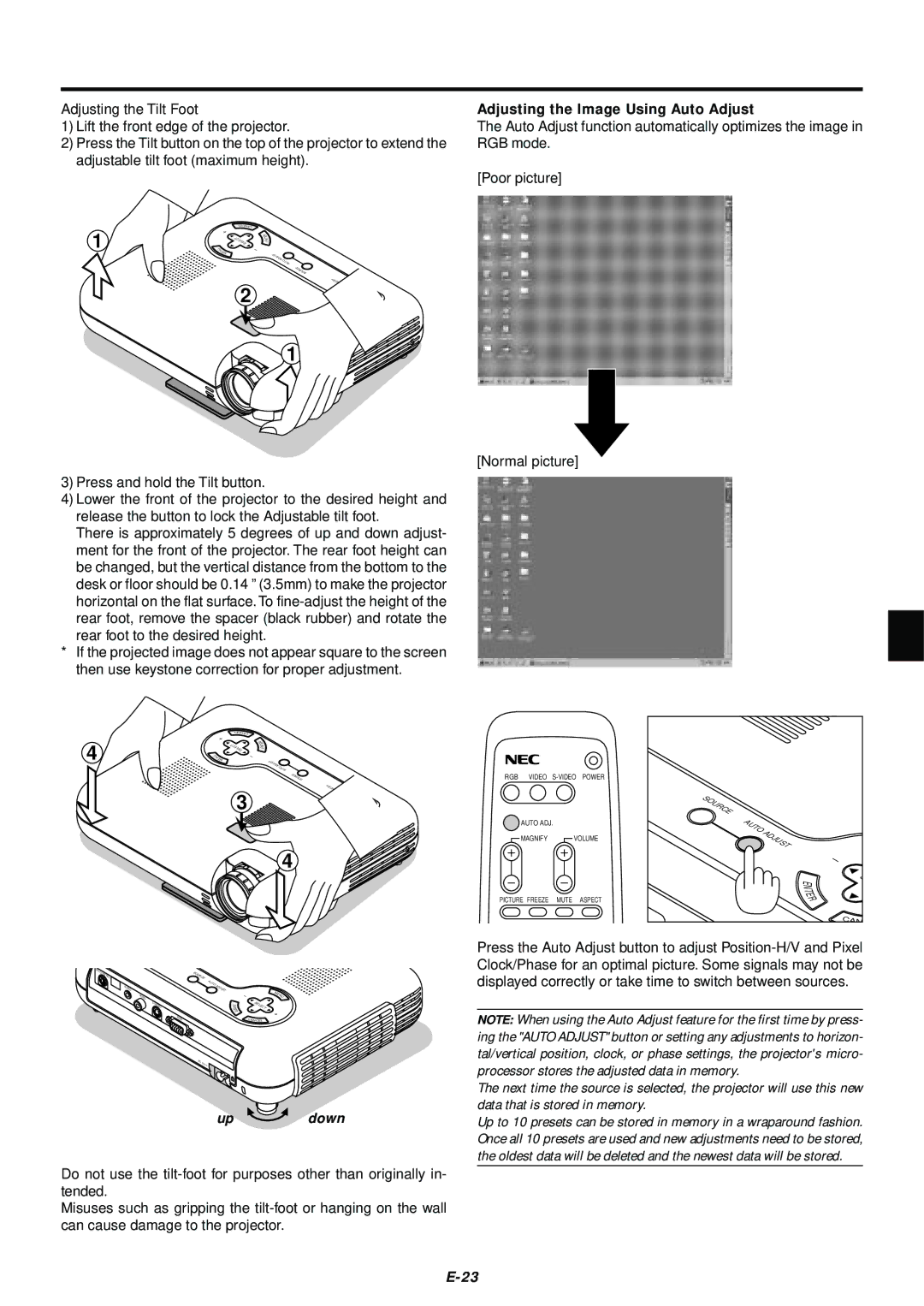 NEC LT75Z user manual Adjusting the Image Using Auto Adjust, Up down 