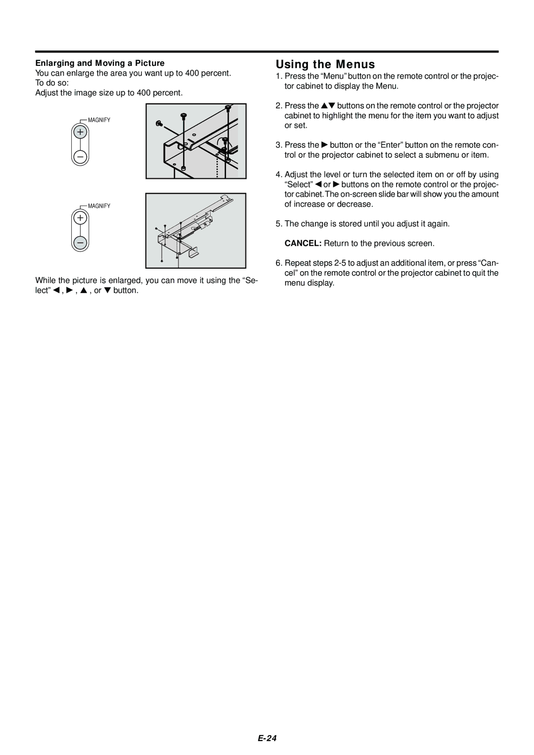 NEC LT75Z user manual Using the Menus, Enlarging and Moving a Picture 