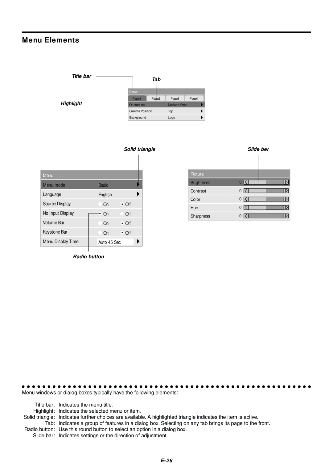 NEC LT75Z user manual Menu Elements, Solid triangle Slide ber 