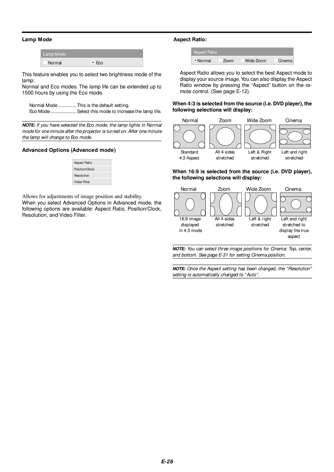 NEC LT75Z user manual Lamp Mode, Advanced Options Advanced mode, Aspect Ratio 