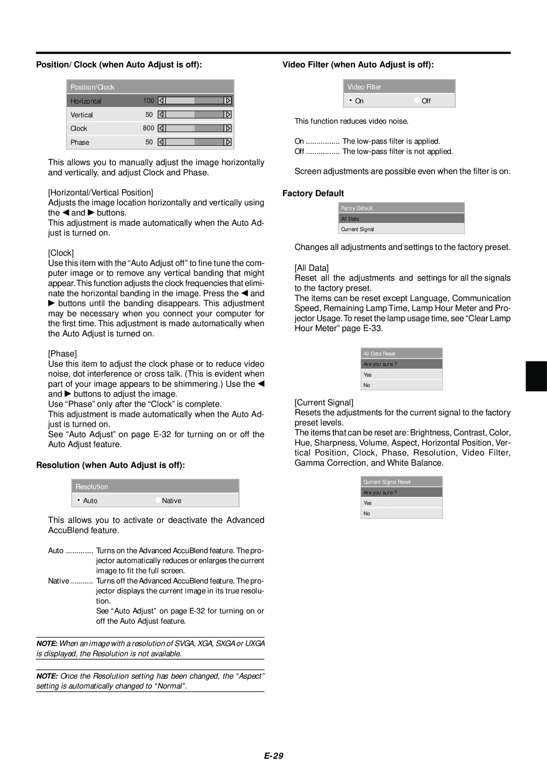 NEC LT75Z user manual Position/ Clock when Auto Adjust is off, Resolution when Auto Adjust is off, Factory Default 