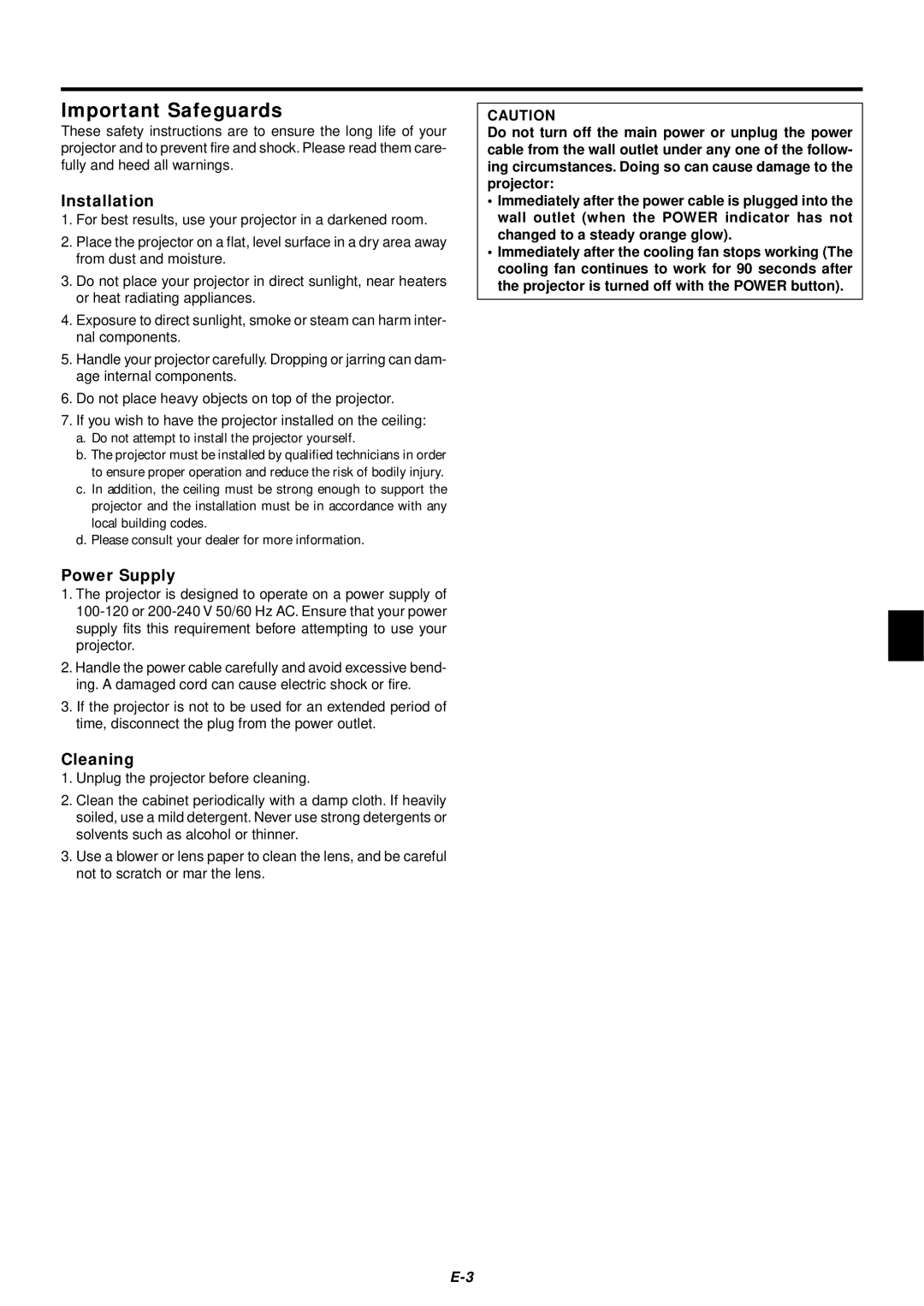 NEC LT75Z user manual Important Safeguards, Installation, Power Supply, Cleaning 