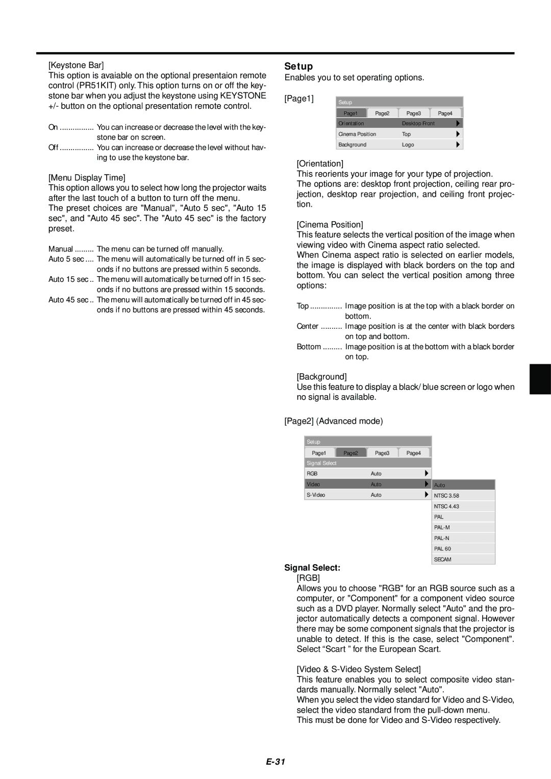 NEC LT75Z user manual Setup, Signal Select 