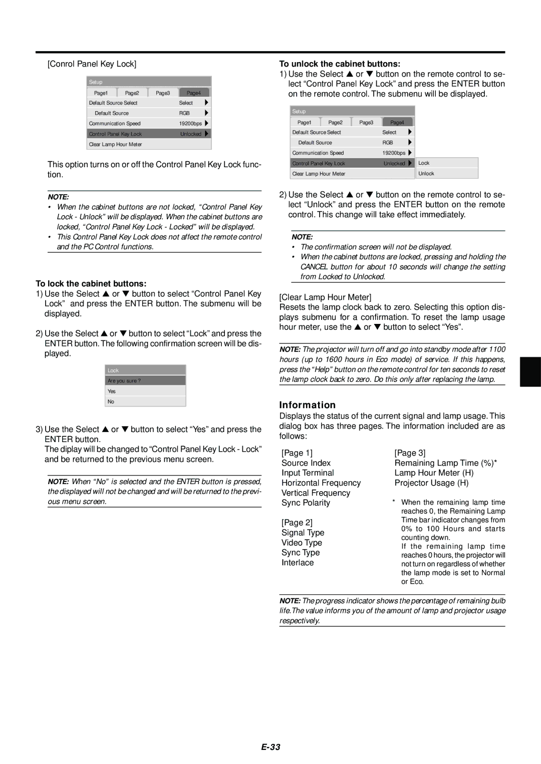 NEC LT75Z user manual Information, To lock the cabinet buttons, To unlock the cabinet buttons 