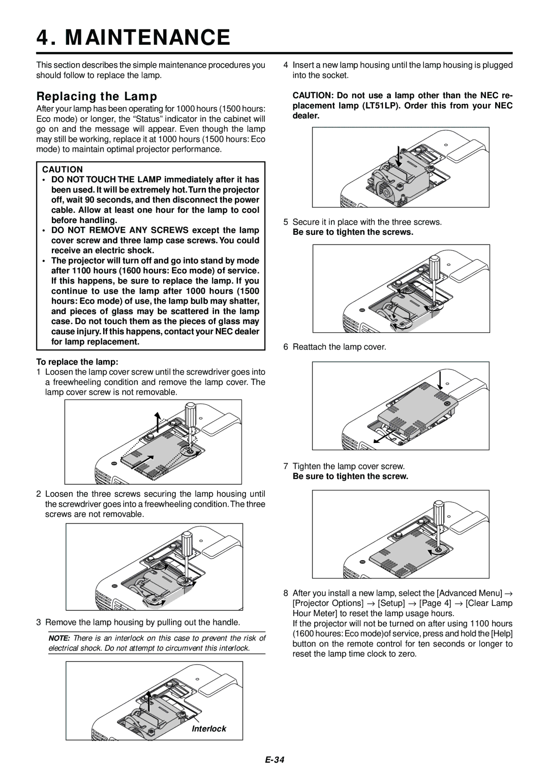 NEC LT75Z user manual Maintenance, Replacing the Lamp, To replace the lamp, Be sure to tighten the screws 