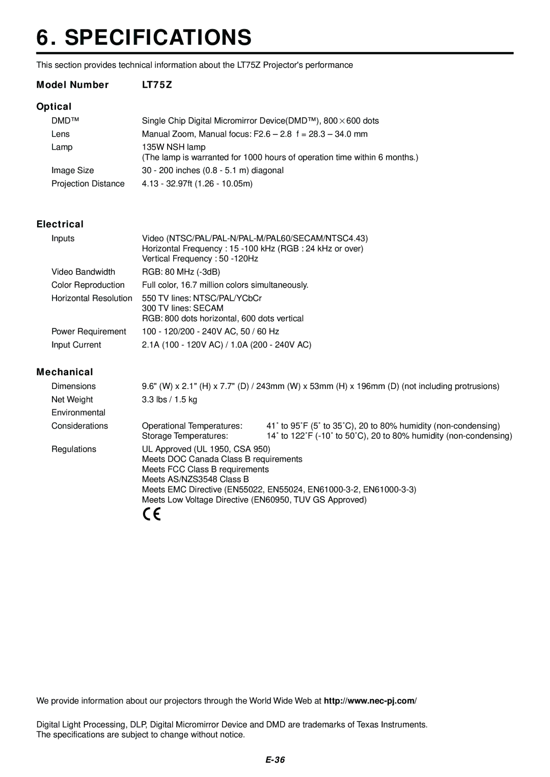 NEC LT75Z user manual Specifications, Model Number, Optical, Electrical, Mechanical 