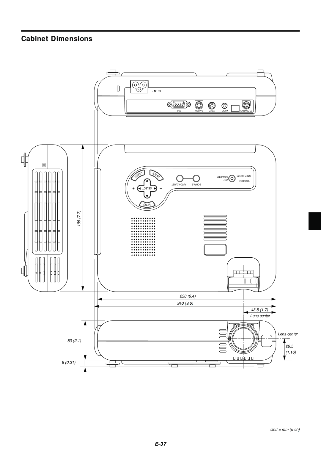 NEC LT75Z user manual Cabinet Dimensions 