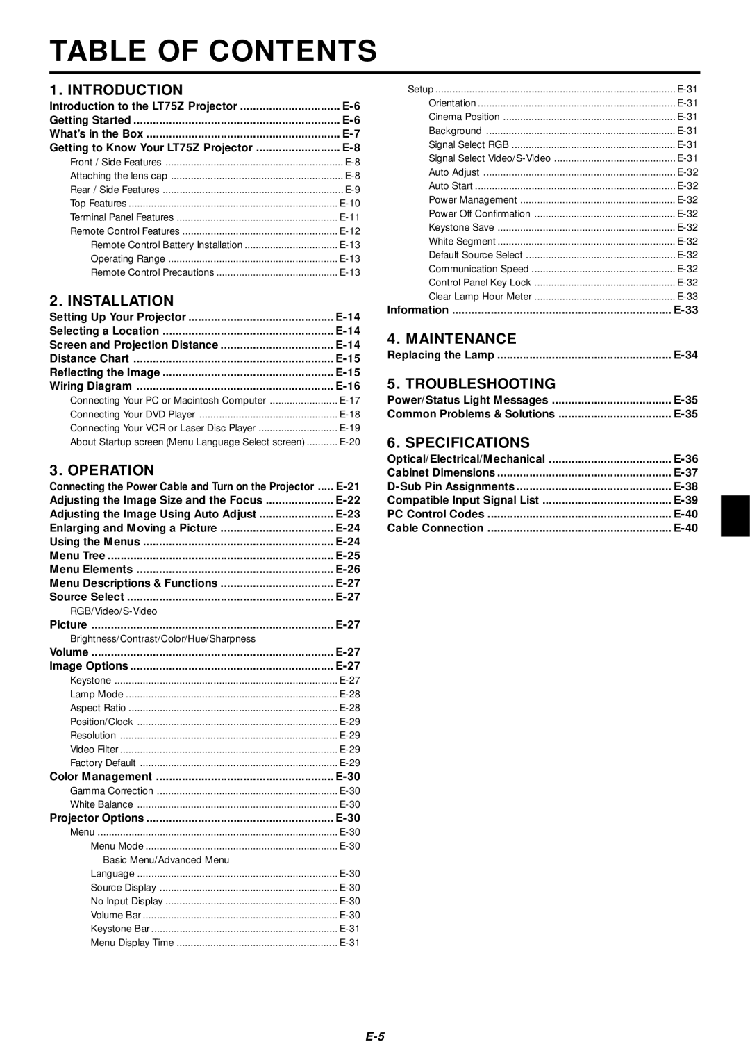 NEC LT75Z user manual Table of Contents 