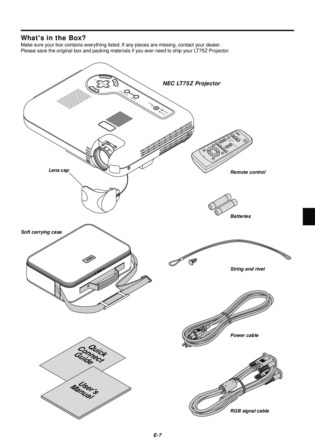 NEC user manual Whats in the Box?, NEC LT75Z Projector 