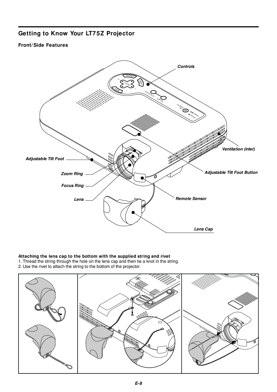 NEC user manual Getting to Know Your LT75Z Projector, Front/Side Features 