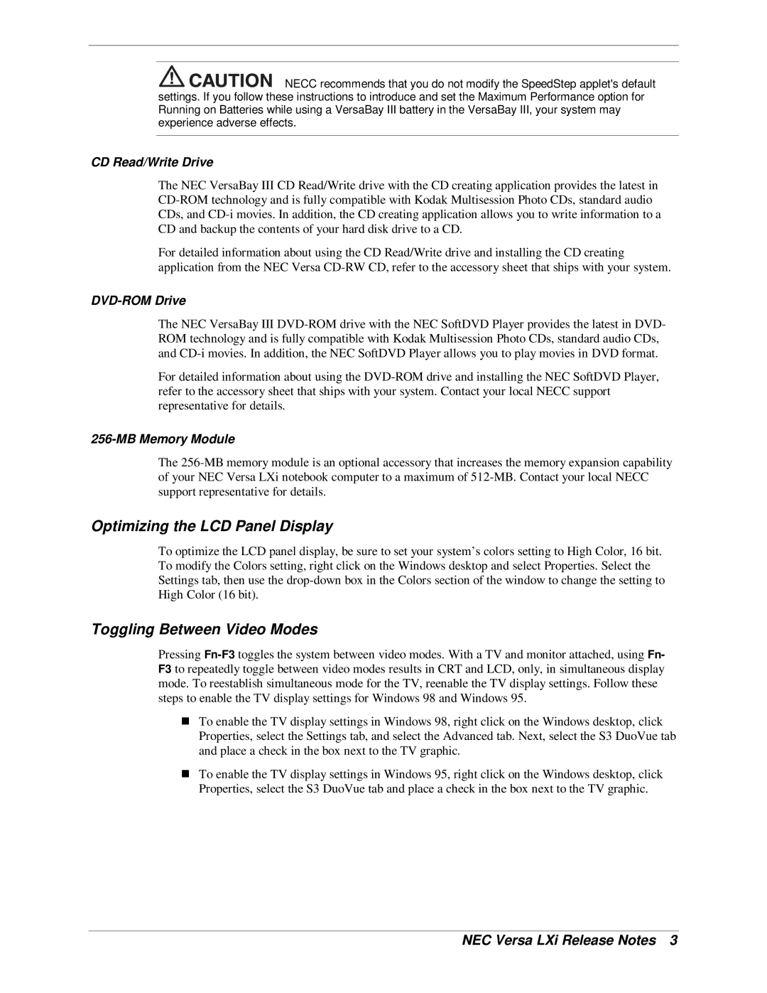 NEC LXI manual Optimizing the LCD Panel Display, Toggling Between Video Modes 