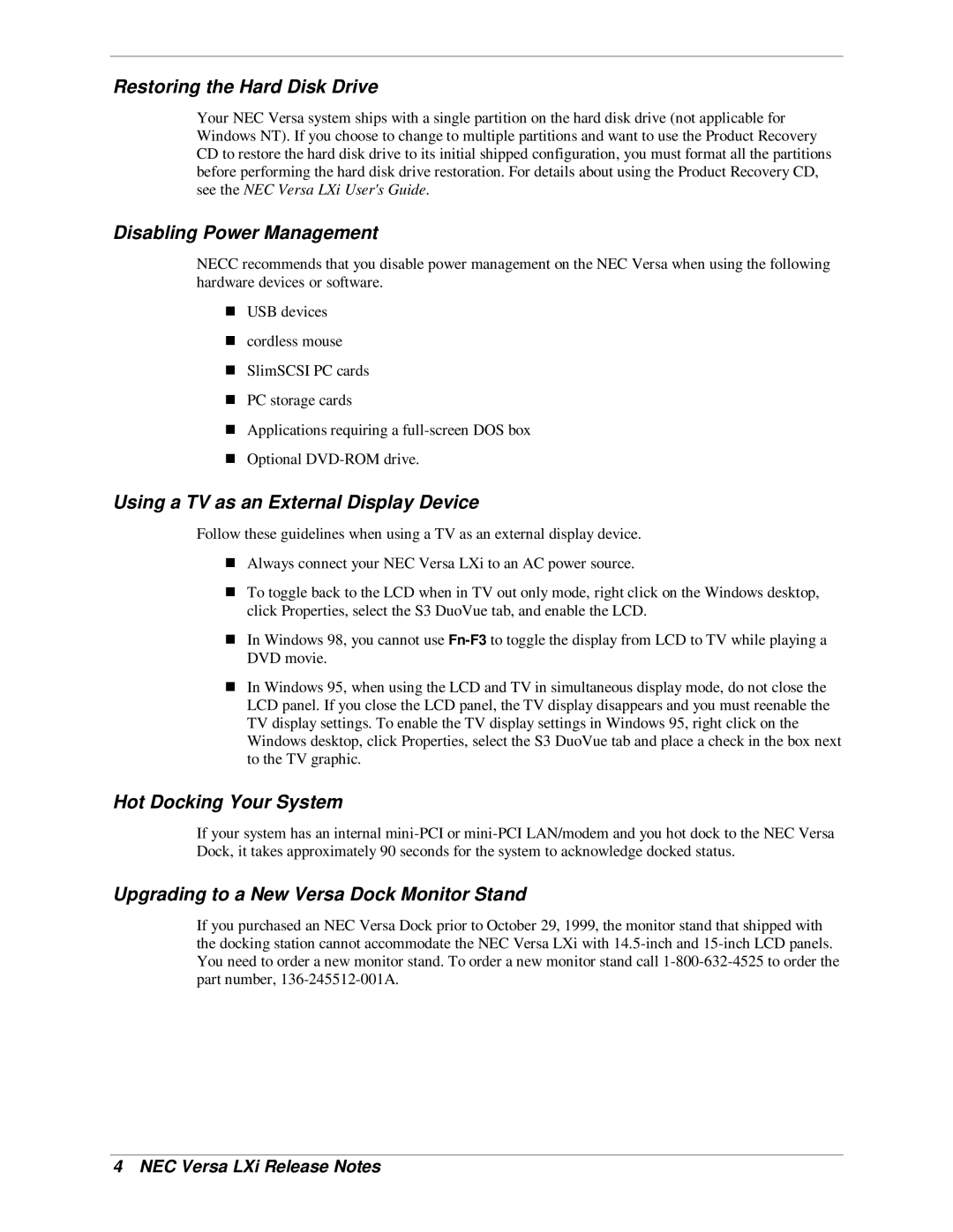 NEC LXI manual Restoring the Hard Disk Drive, Disabling Power Management, Using a TV as an External Display Device 