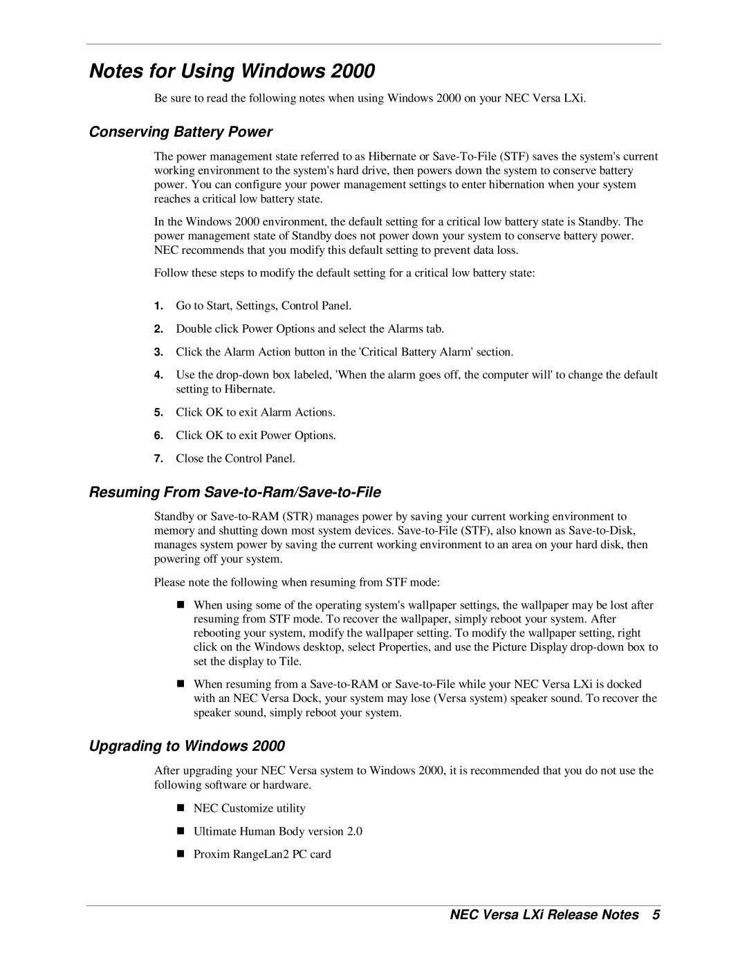 NEC LXI manual Conserving Battery Power, Resuming From Save-to-Ram/Save-to-File, Upgrading to Windows 