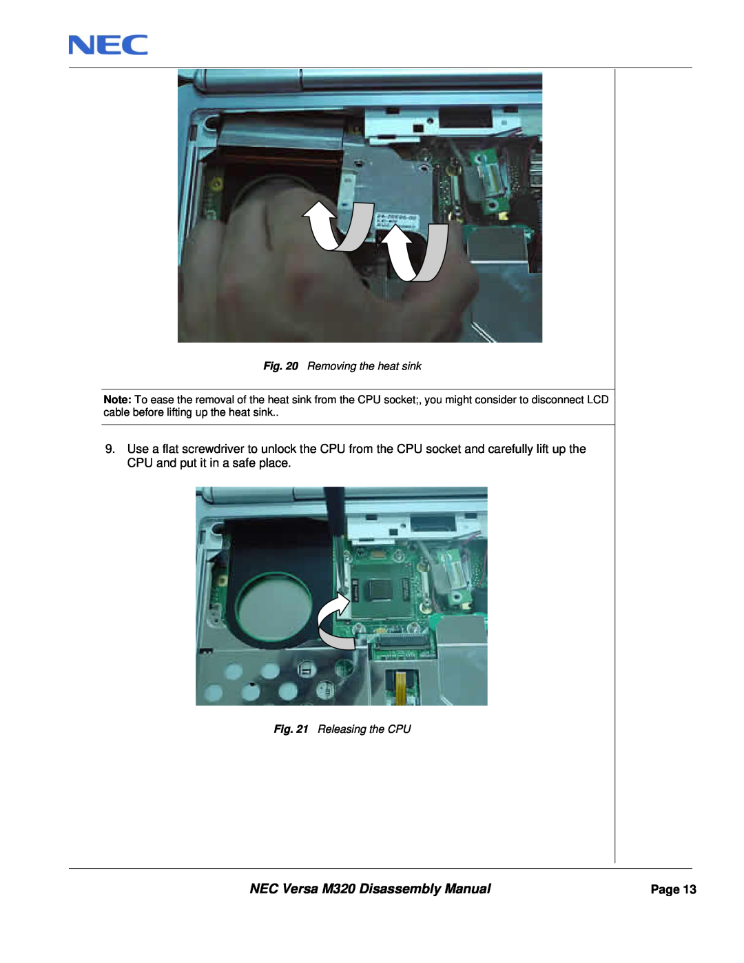 NEC manual NEC Versa M320 Disassembly Manual, Removing the heat sink, Releasing the CPU, Page 