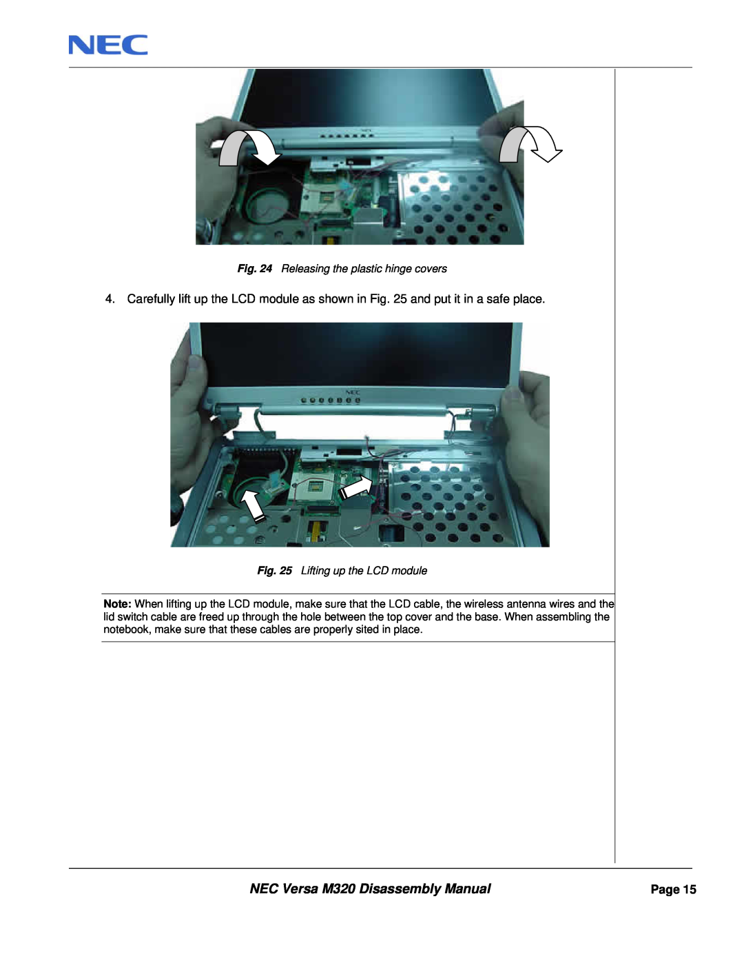 NEC manual NEC Versa M320 Disassembly Manual, Releasing the plastic hinge covers, Lifting up the LCD module, Page 