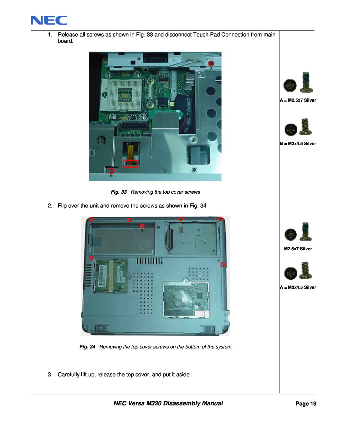 NEC NEC Versa M320 Disassembly Manual, Removing the top cover screws, A = M2.5x7 Silver B = M2x4.5 Silver M2.5x7 Silver 