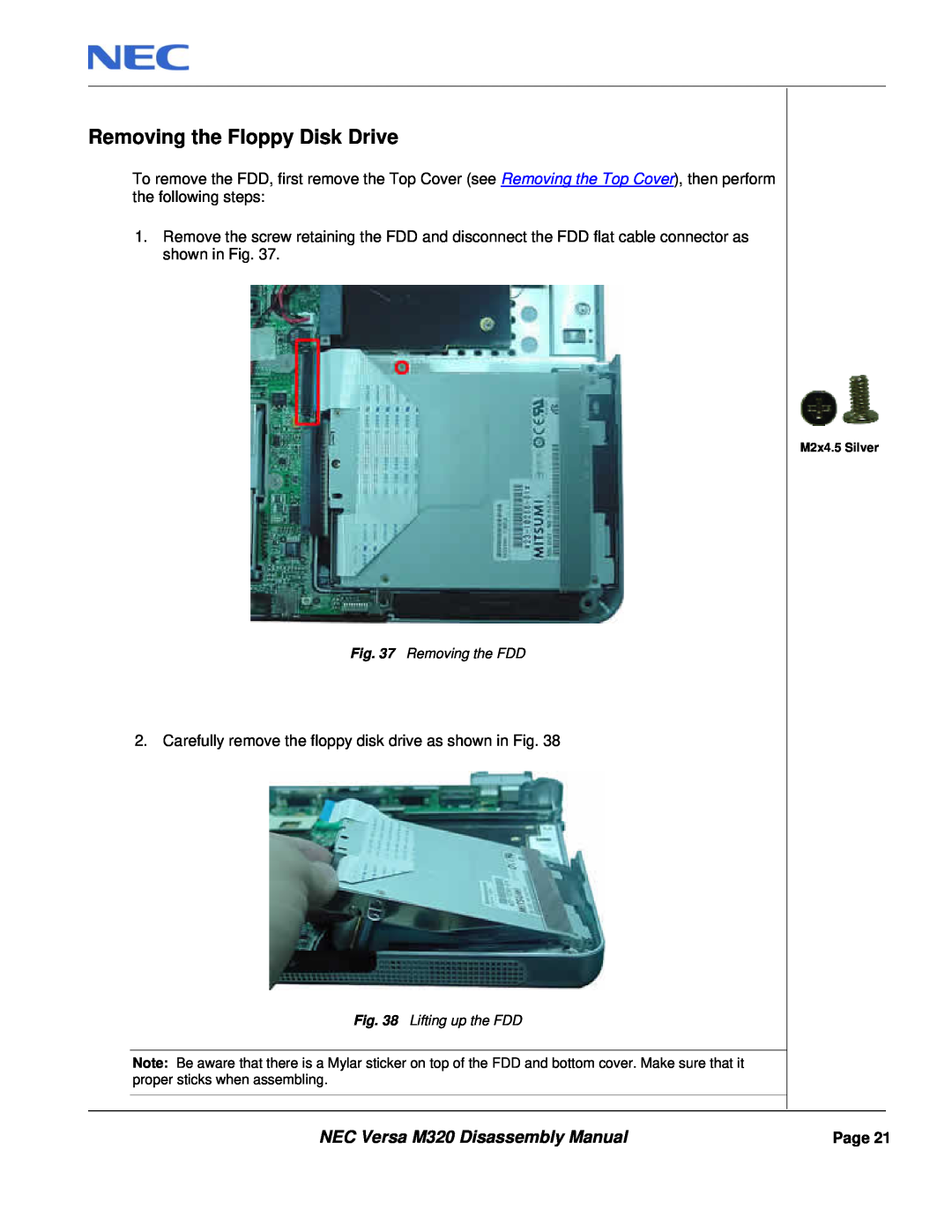 NEC manual Removing the Floppy Disk Drive, NEC Versa M320 Disassembly Manual, Removing the FDD, Lifting up the FDD 