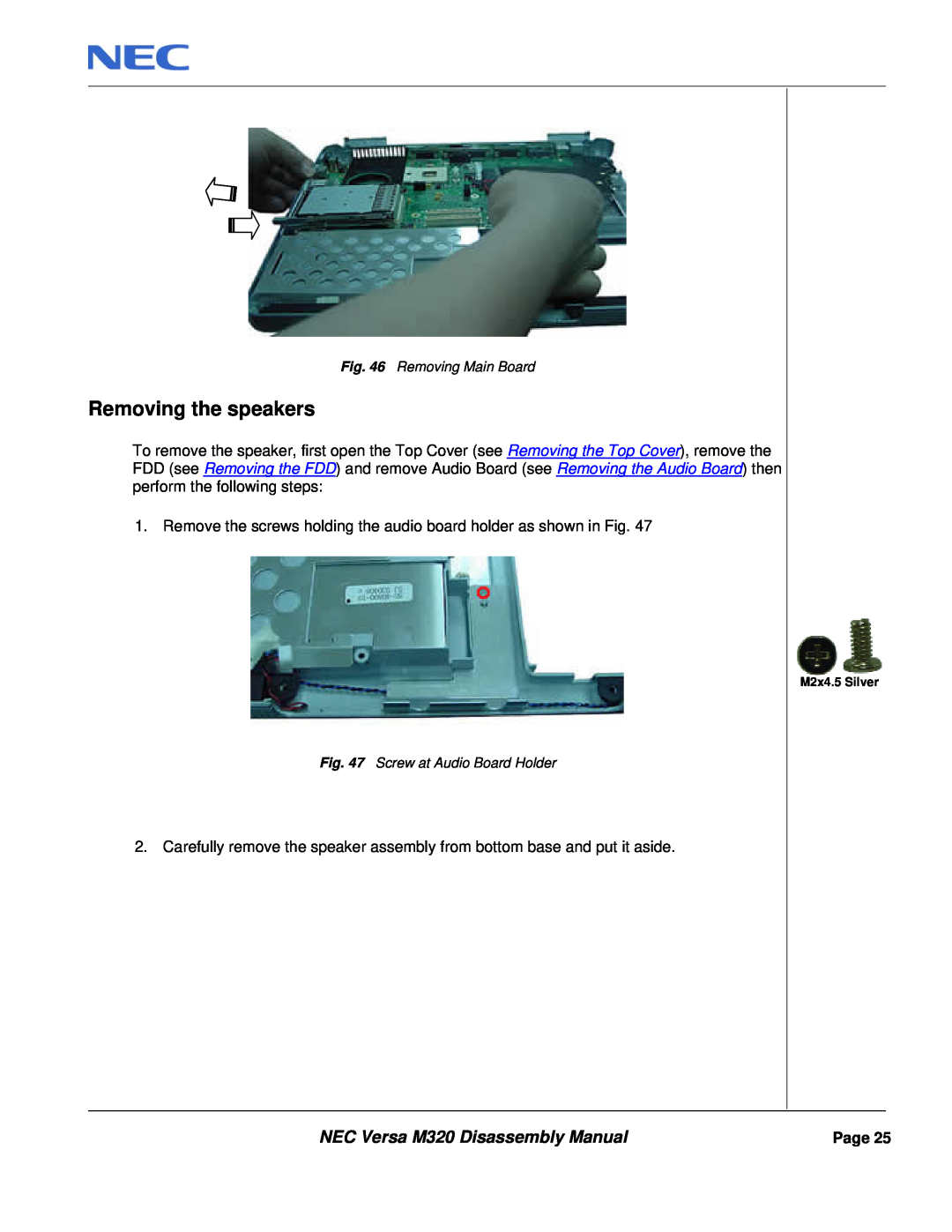 NEC manual Removing the speakers, NEC Versa M320 Disassembly Manual, Removing Main Board, Screw at Audio Board Holder 
