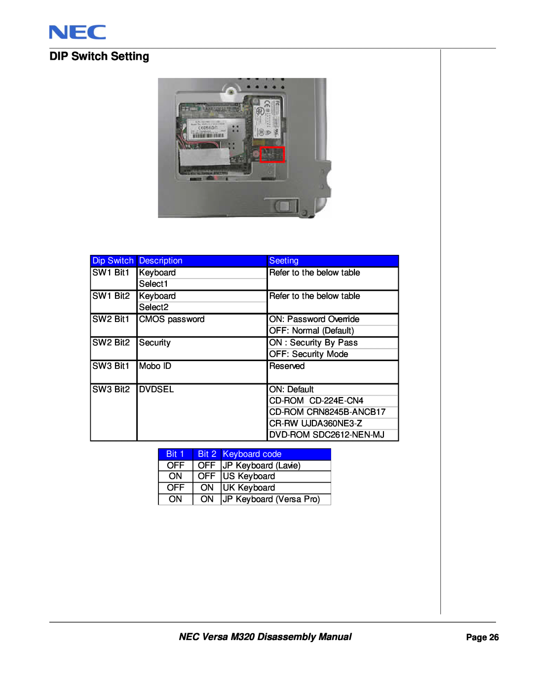 NEC manual DIP Switch Setting, NEC Versa M320 Disassembly Manual, Dip Switch, Description, Seeting, Keyboard code 