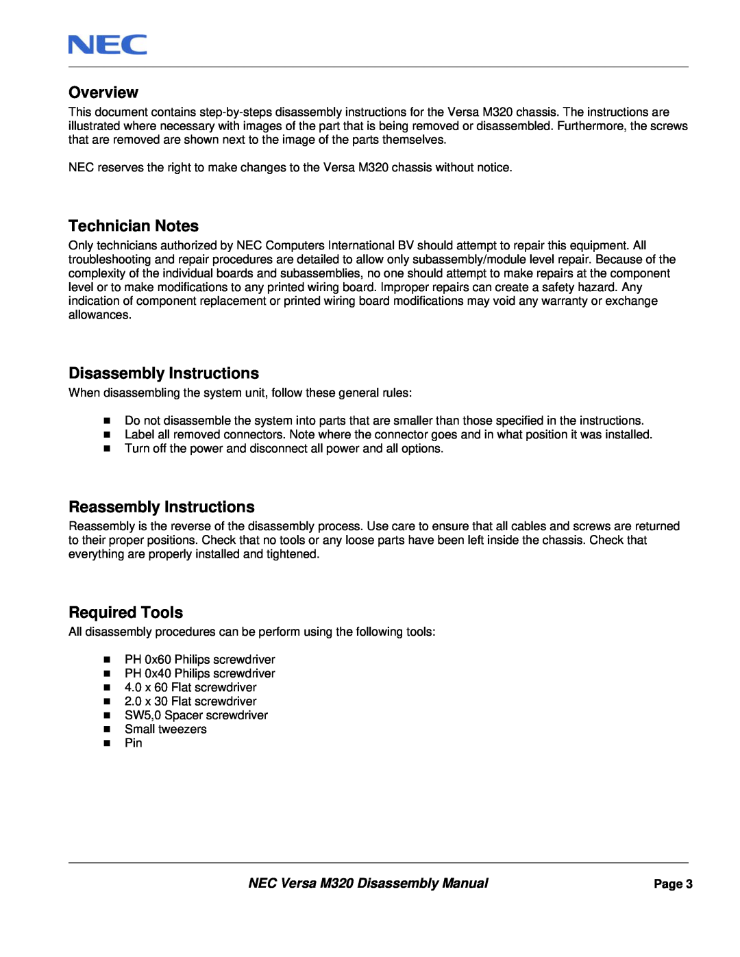 NEC M320 manual Overview, Technician Notes, Disassembly Instructions, Reassembly Instructions, Required Tools 