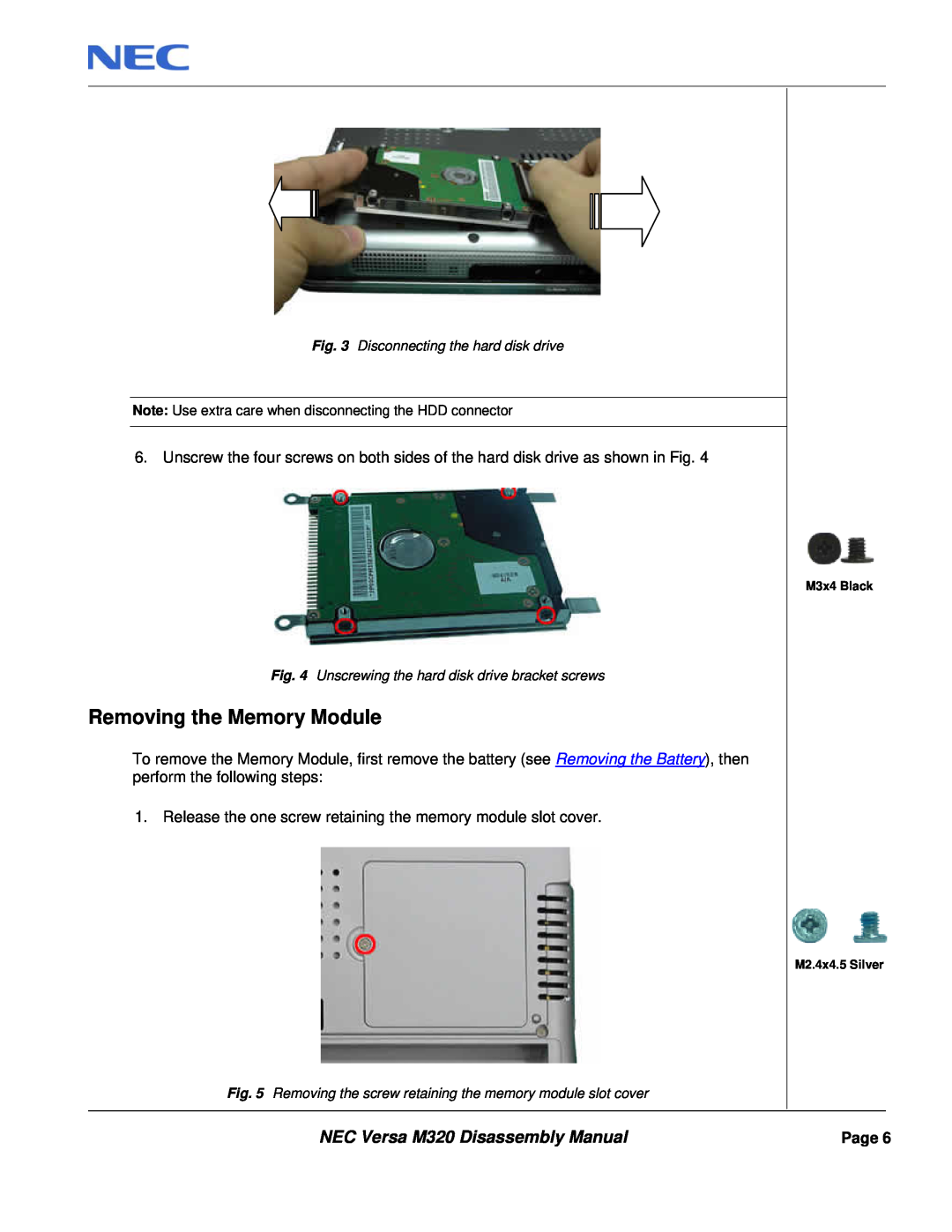 NEC manual Removing the Memory Module, NEC Versa M320 Disassembly Manual 