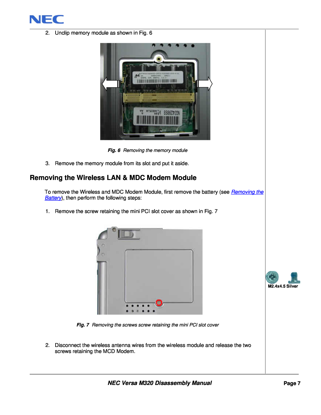 NEC manual Removing the Wireless LAN & MDC Modem Module, NEC Versa M320 Disassembly Manual 