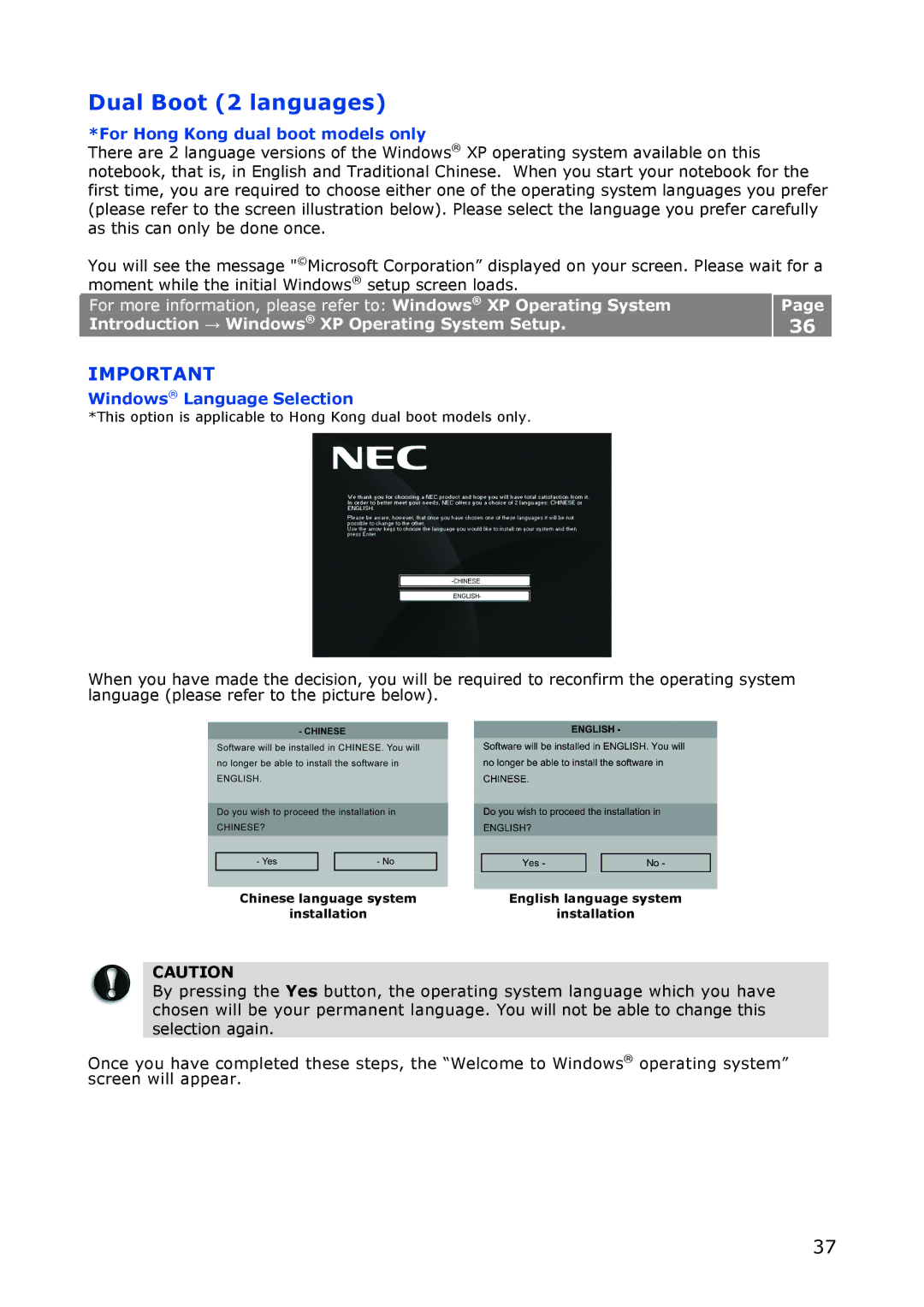 NEC M380 manual Introduction → Windows XP Operating System Setup 