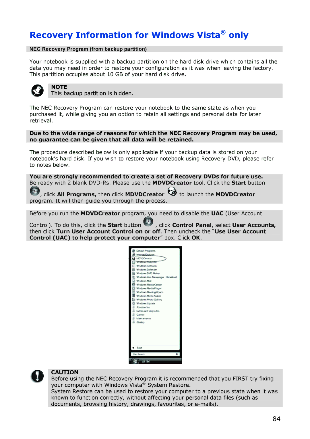 NEC M380 manual Recovery Information for Windows Vista only, NEC Recovery Program from backup partition 