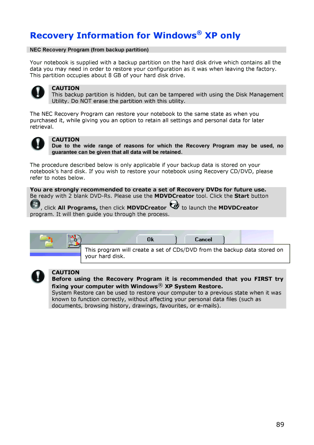 NEC M380 manual Recovery Information for Windows XP only 