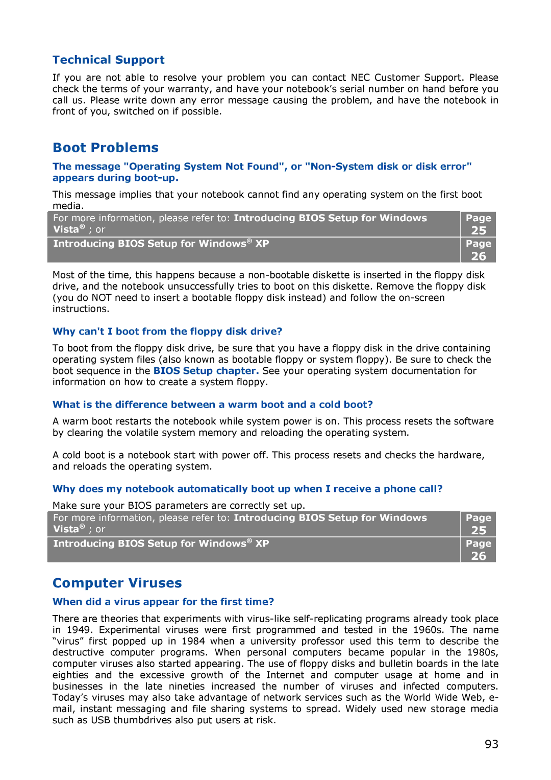 NEC M380 manual Boot Problems, Computer Viruses, Technical Support 