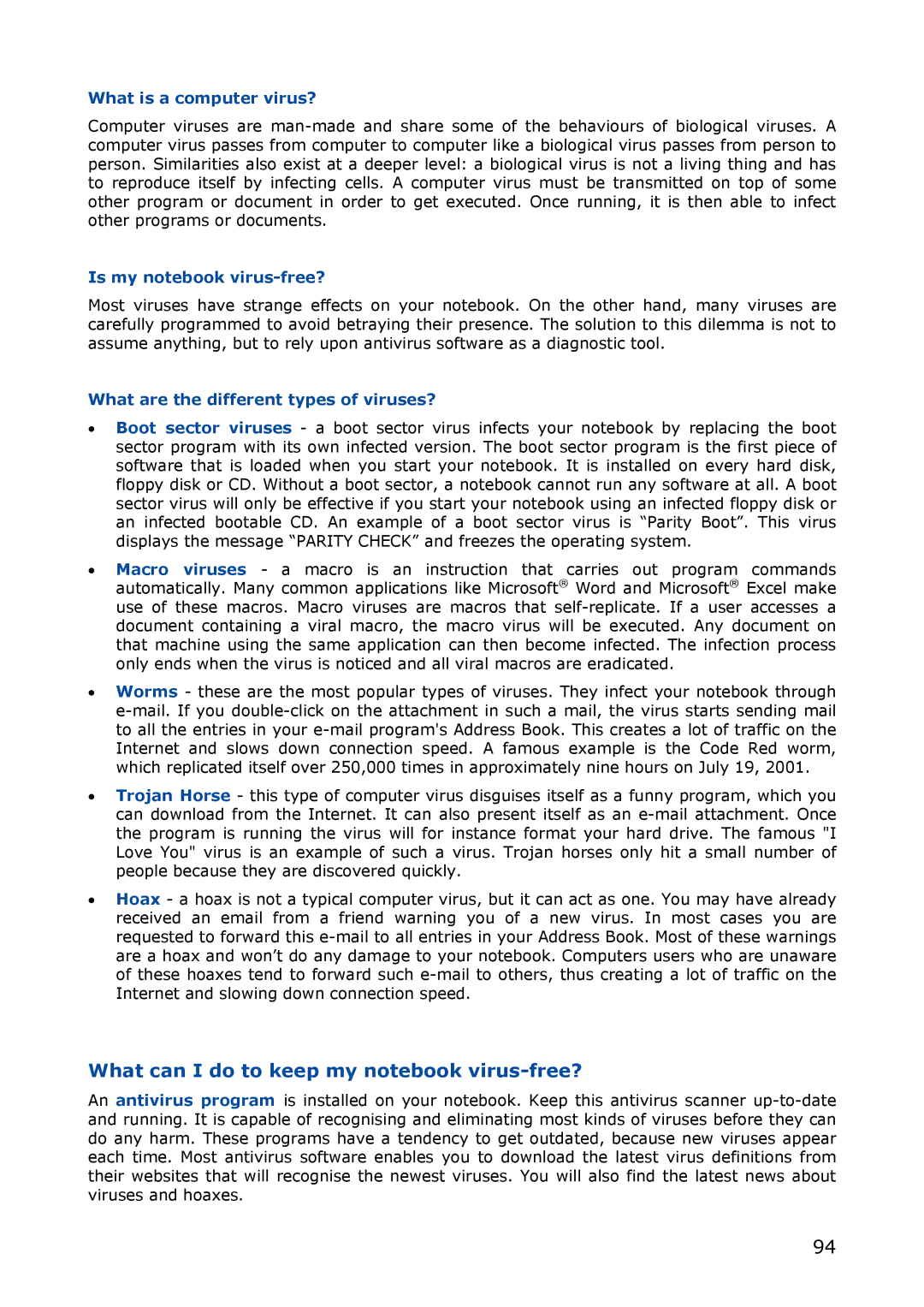 NEC M380 manual What can I do to keep my notebook virus-free?, What is a computer virus?, Is my notebook virus-free? 