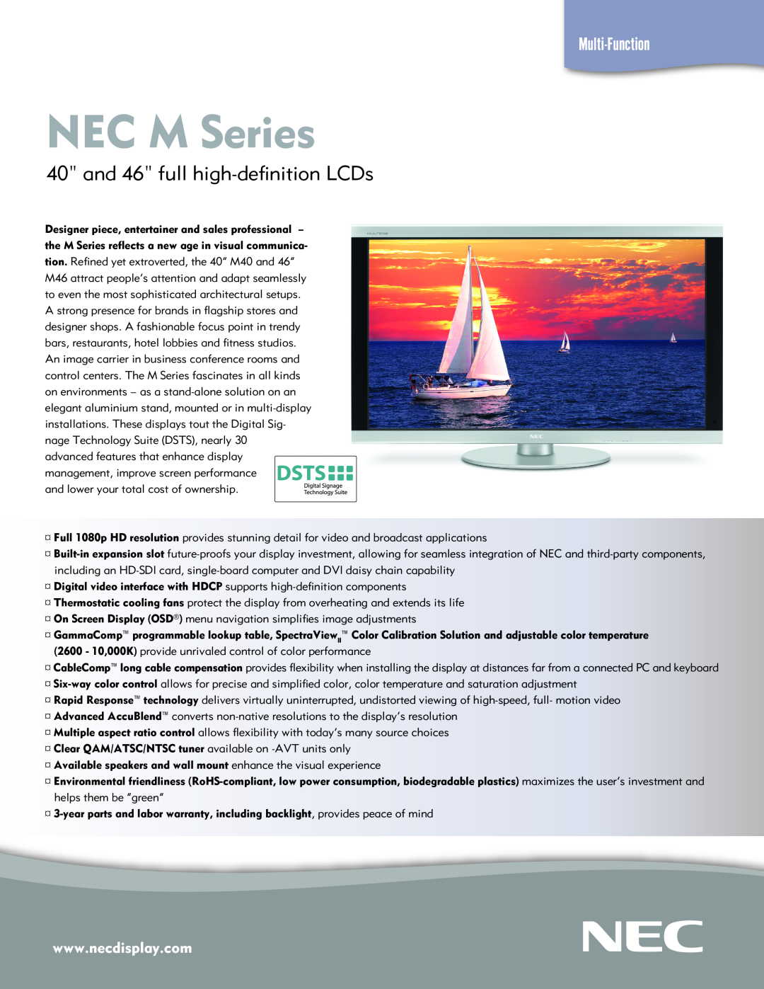 NEC M40-2-AV warranty NEC M Series, and 46 full high-definition LCDs, Multi-Function 
