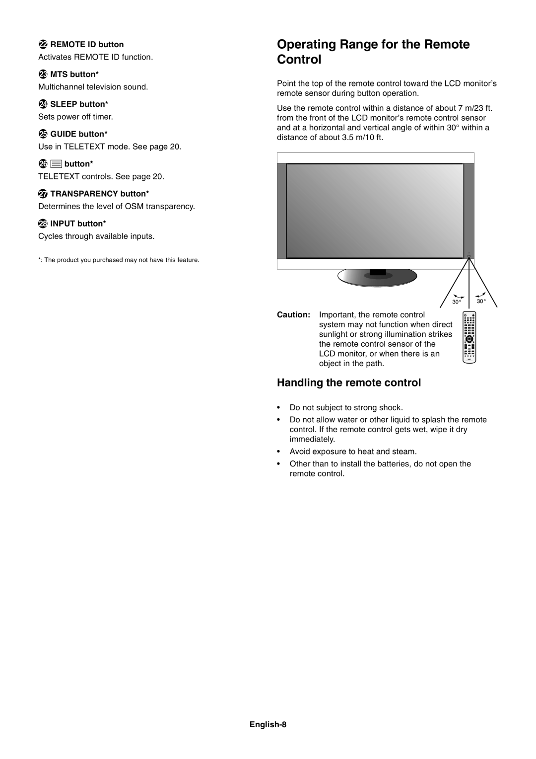 NEC M40, M60 user manual Operating Range for the Remote Control, Handling the remote control 