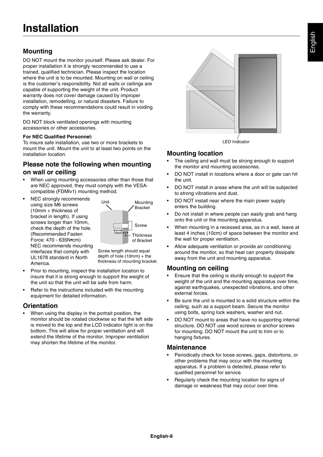 NEC M60, M40 user manual Installation 