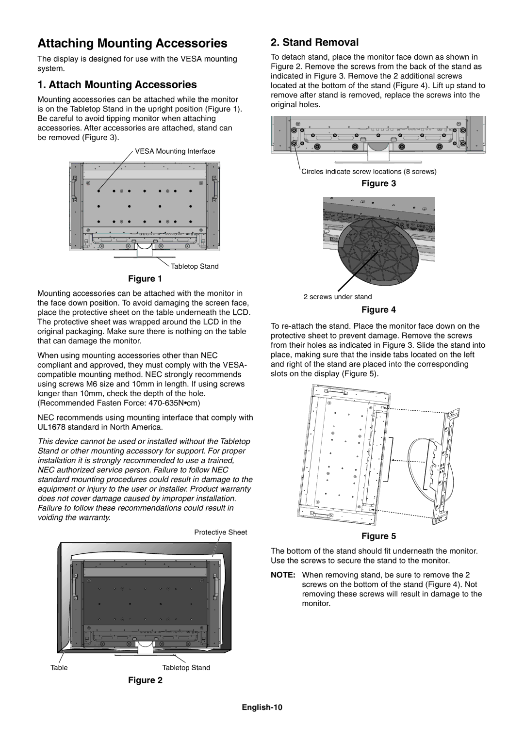 NEC M40, M60 user manual Attaching Mounting Accessories, Attach Mounting Accessories, Stand Removal, English-10 