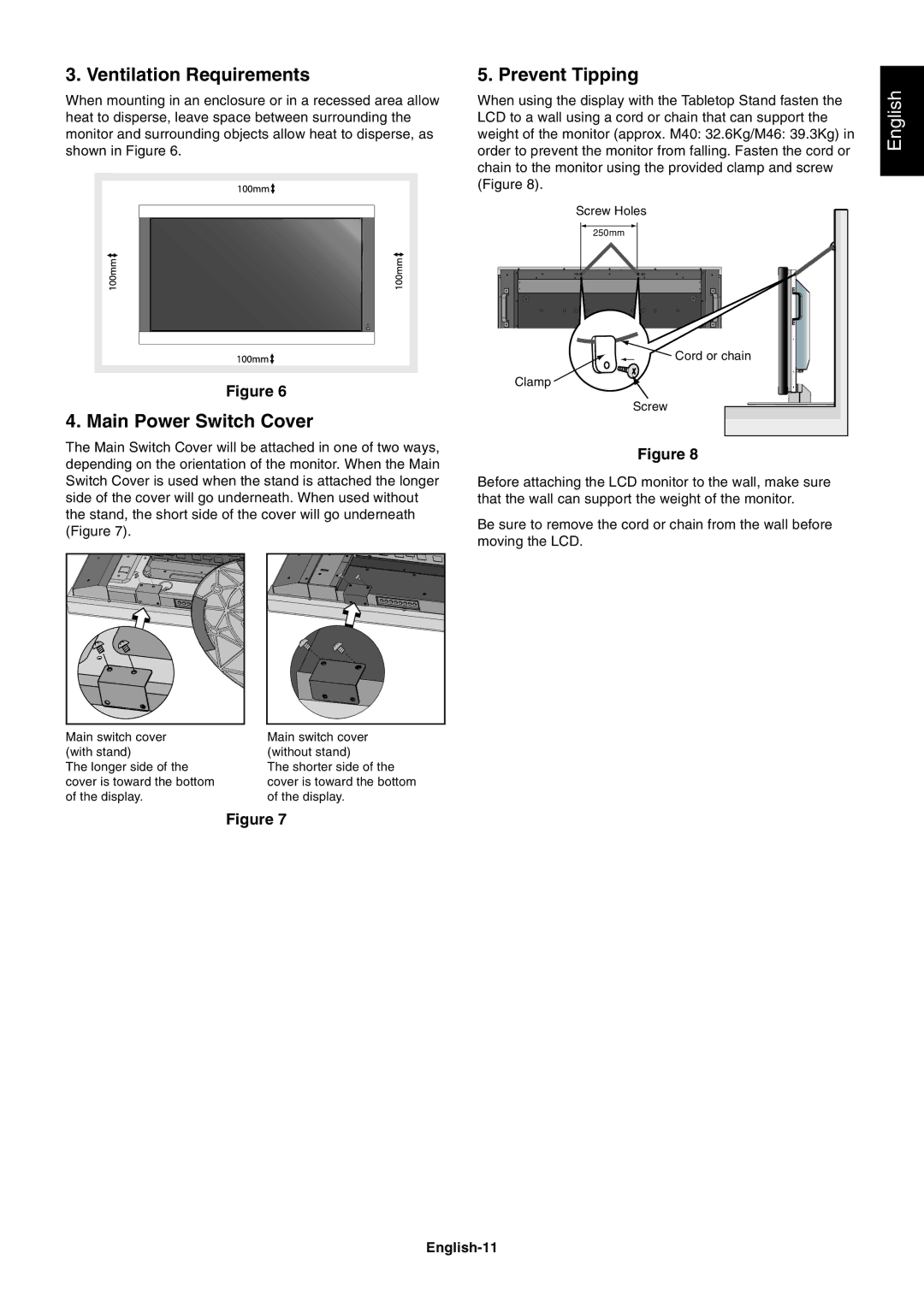 NEC M60, M40 user manual Ventilation Requirements, Main Power Switch Cover, Prevent Tipping, English-11 