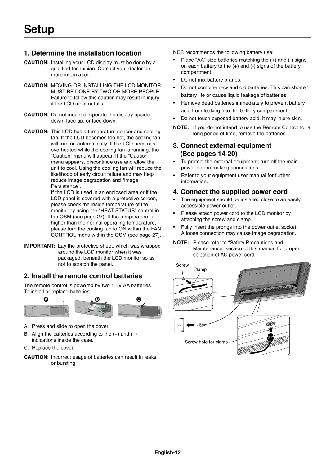 NEC M40 Setup, Determine the installation location, Install the remote control batteries, Connect the supplied power cord 