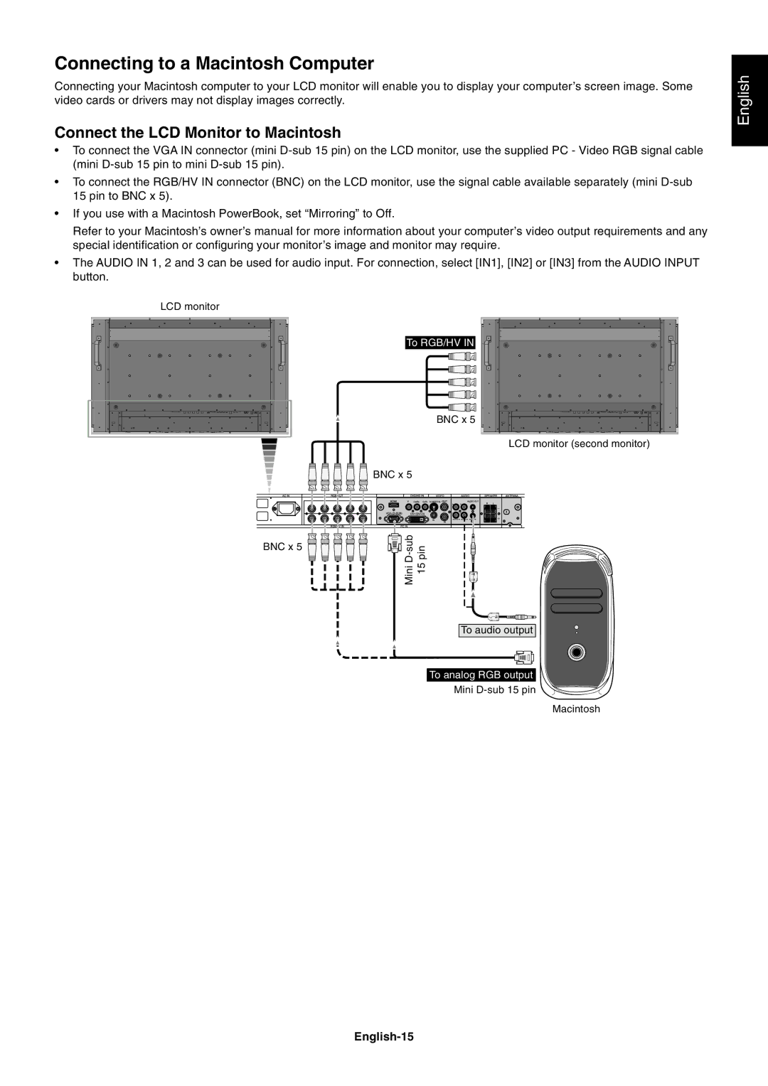 NEC M60, M40 user manual Connecting to a Macintosh Computer, Connect the LCD Monitor to Macintosh, English-15 